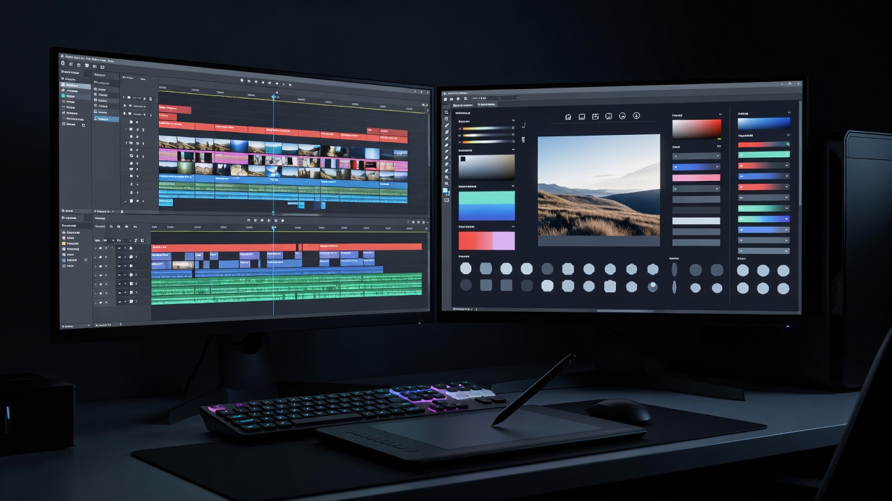 Editing suite monitors showing a video timeline in a darkened room