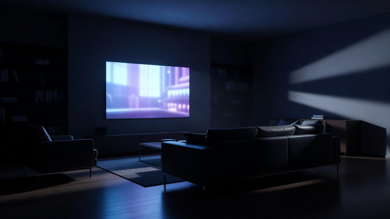 Dark living room lit only by the glow of a large television screen