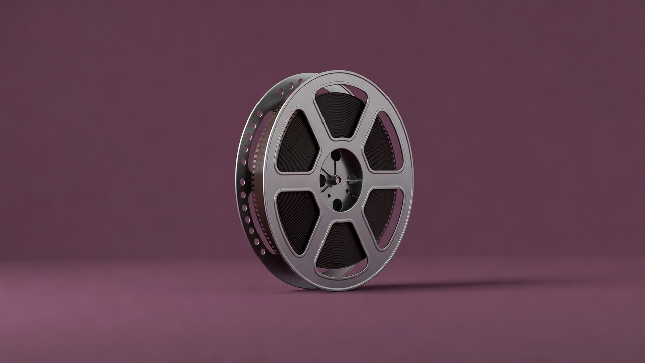 Soft-lit 3D render of a metal film reel standing upright on a plain plum background